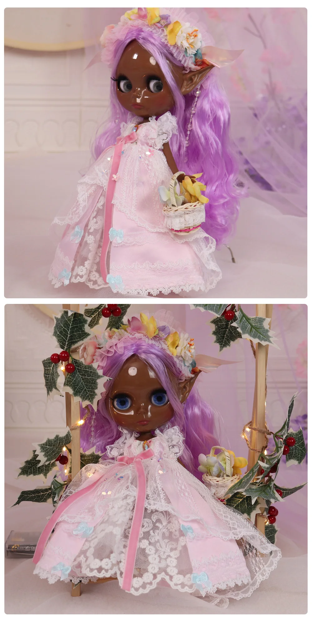 Martha – Premium Custom Neo Blythe Doll with Purple Hair, Black Skin & Shiny Cute Face 1