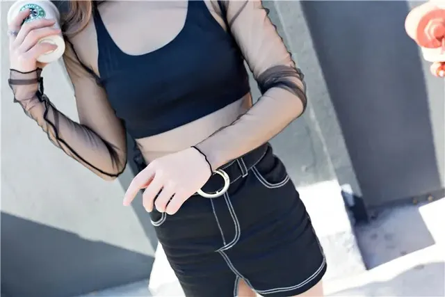 Long Sleeve Mesh Tops Sexy Women See Through Transparent T