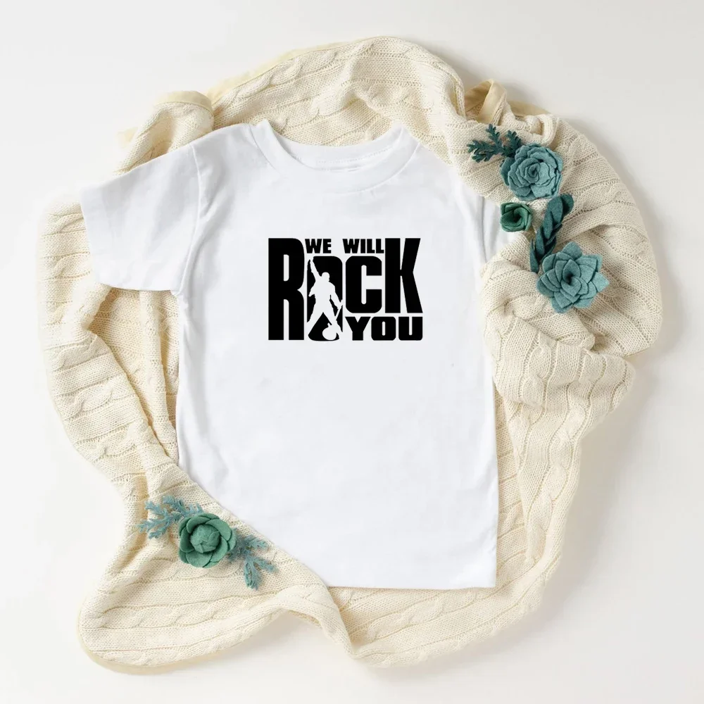 We Will Rock You Queen Print T shirt Kids Summer White Tops Children Fashion Casual T-shirt Rock Anthem Childrens Tshirt 4