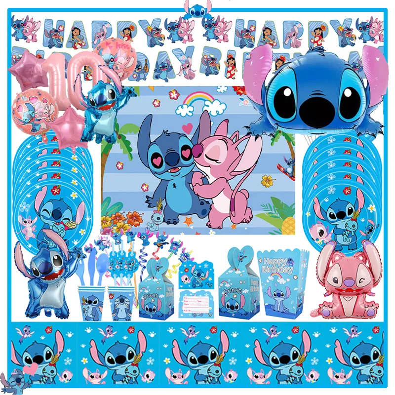New Disney Stitch Birthday Party Decorations Lilo Stitch Balloons Blue Paper Plate Cup Tovagliolo Baby Shower Gift Bag Forniture Per Bambini