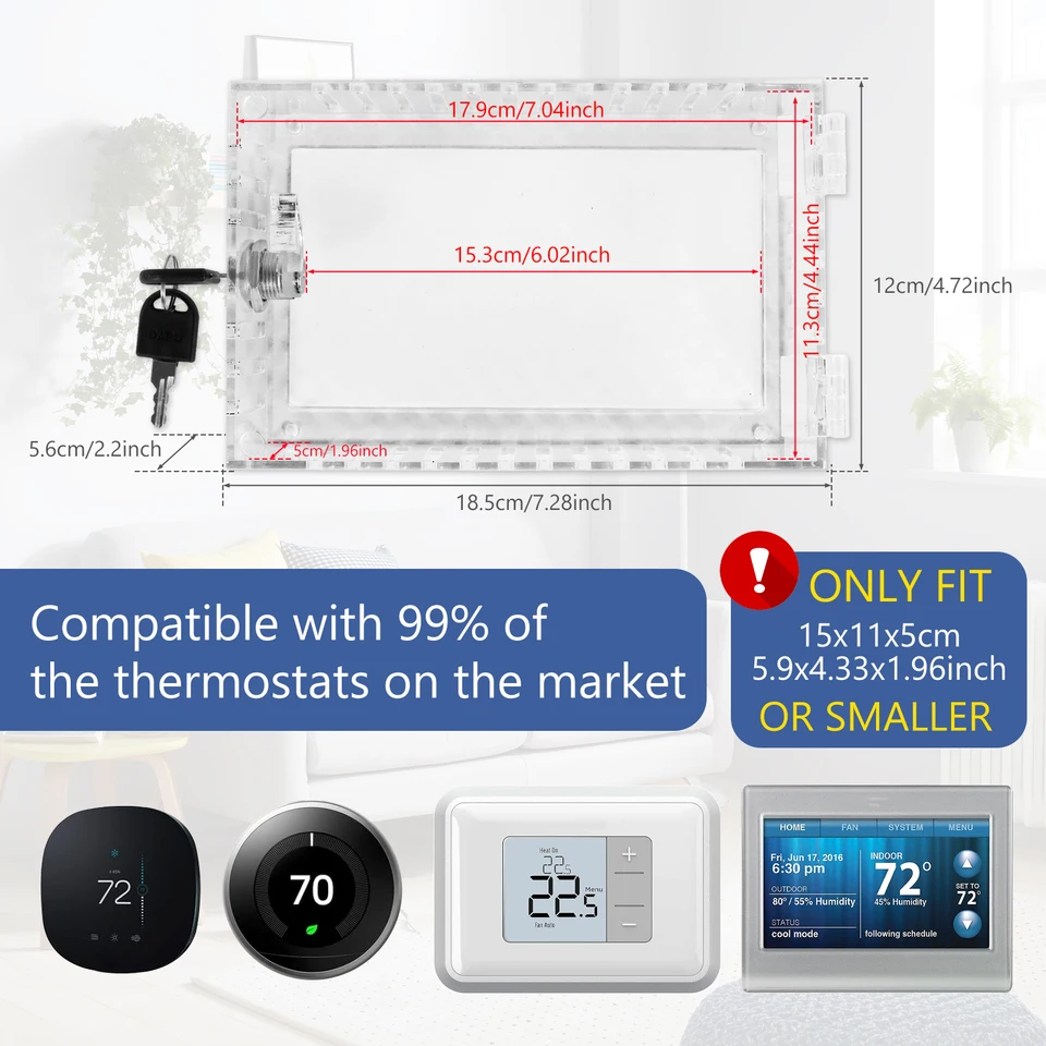 Thermostaatafdekking met slot voor de meeste thermostaat 20 x 12 x 5,7 cm universele thermostaat slotbox met 2 toetsen doorzichtige thermostaat beschermkap acryl thermostaat bescherming eenvoudig te
