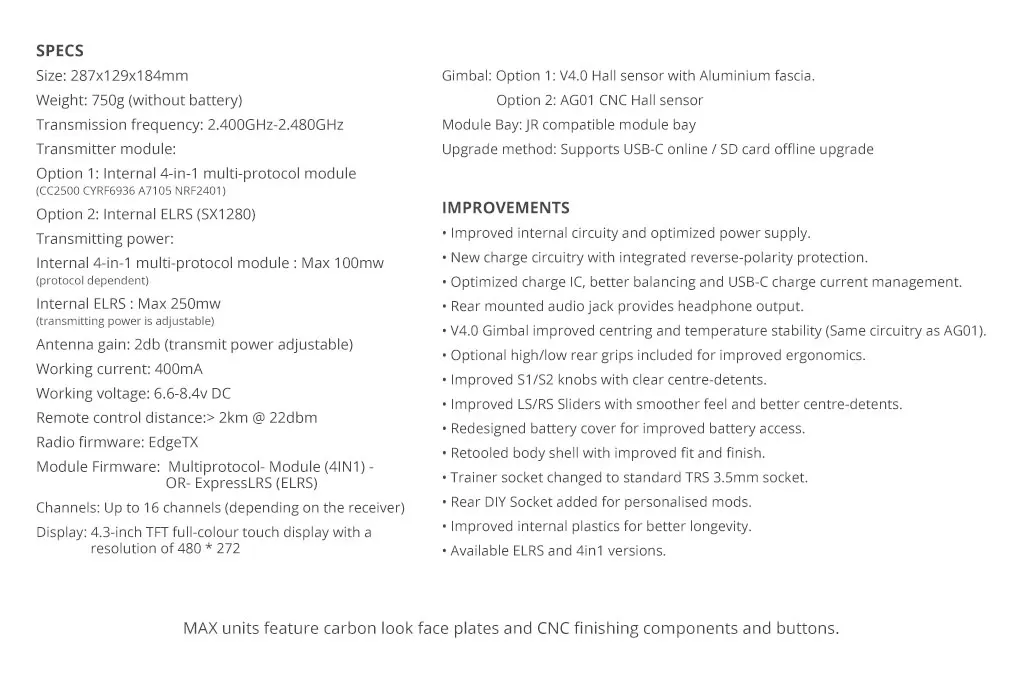 RadioMaster TX16S Mark II V4.0 Hall Gimbal 4IN1 ELRS Radio Controller Support EdgeTX/OpenTX Built-in Dual Speakers for RC Drone 28 Optional high/low rear grips included for improved ergonomics . 4.3-inch