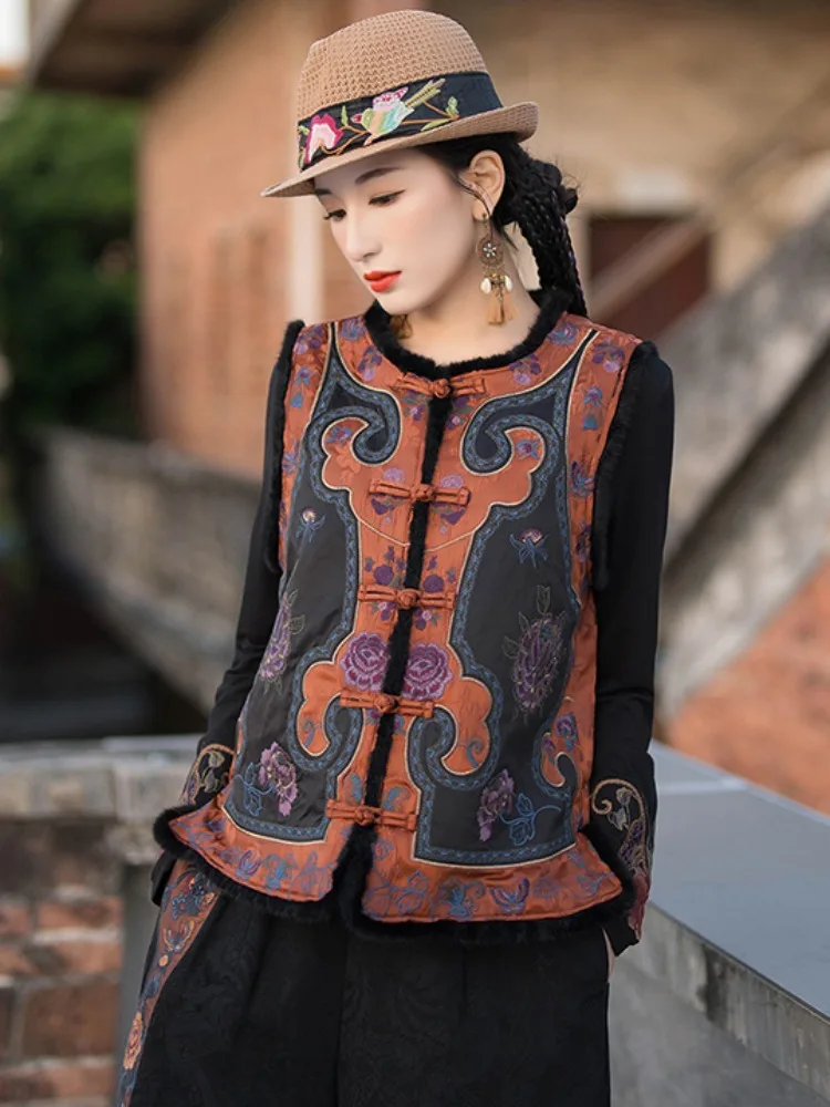Retro Ethnic Style Embroidered Sleeveless Waistcoat Warm Vest Suit Coat Women