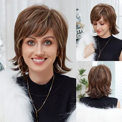 Brown Mixed Blonde Human Hair Blend Wigs Short Natural Wave Synthetic Wigs with Bangs Heat Resistant for Women 30% Human Hairs