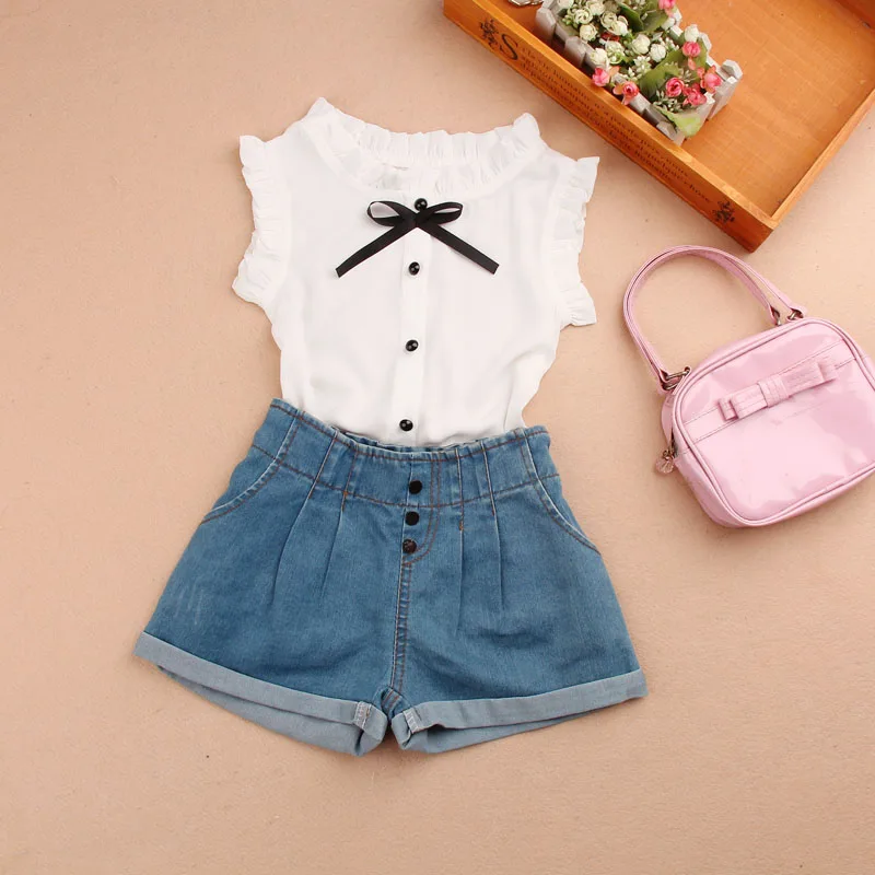 Girls Summer Top Children Sleeveless White Blouses Black Bow Shirts for Teenage School Girl Chiffon Lace Blouse 2-16 Years