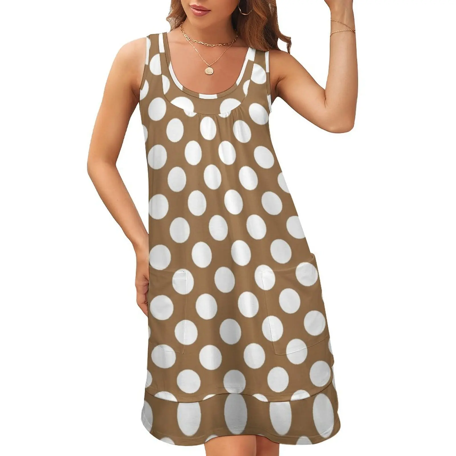 

Женское платье из двух частей без рукавов, элегантное платье коричневого и белого цвета в горошек с U-образным вырезом, модель 2024 года