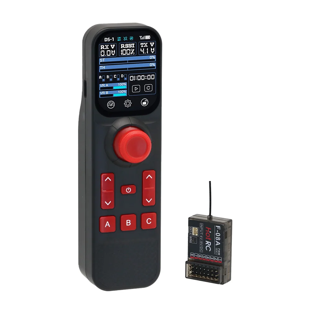 Vue de face de l'émetteur télécommandé Hotrc DS-800 8CH 2.4GHz avec récepteur F-08A pour voiture et bateau RC