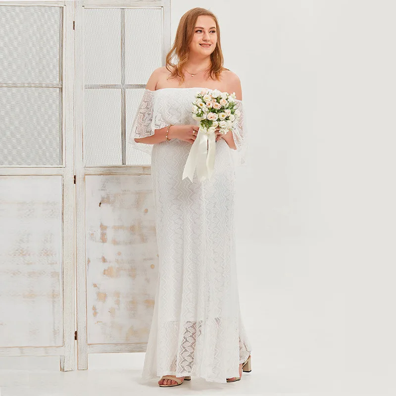 

Spring Summer 2022 New European and American Plus-size Women's Light Wedding Dress Sexy One-shoulder Lace Dress
