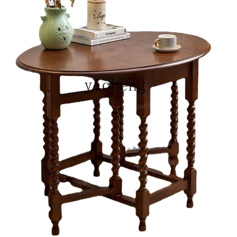 

Zc Retro Folding Solid Wood Dining Table Mid-Ancient Oval Table Carved Furniture
