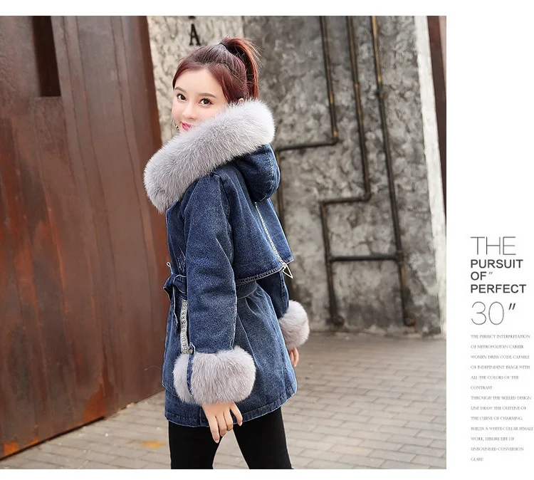 Cappotto di pelliccia con cappuccio invernale medio lungo da donna Moda dimagrante Vestibilità da neve Capelli di coniglio Addensare Veet Felpa con cappuccio in pile Denim_voghion.com
