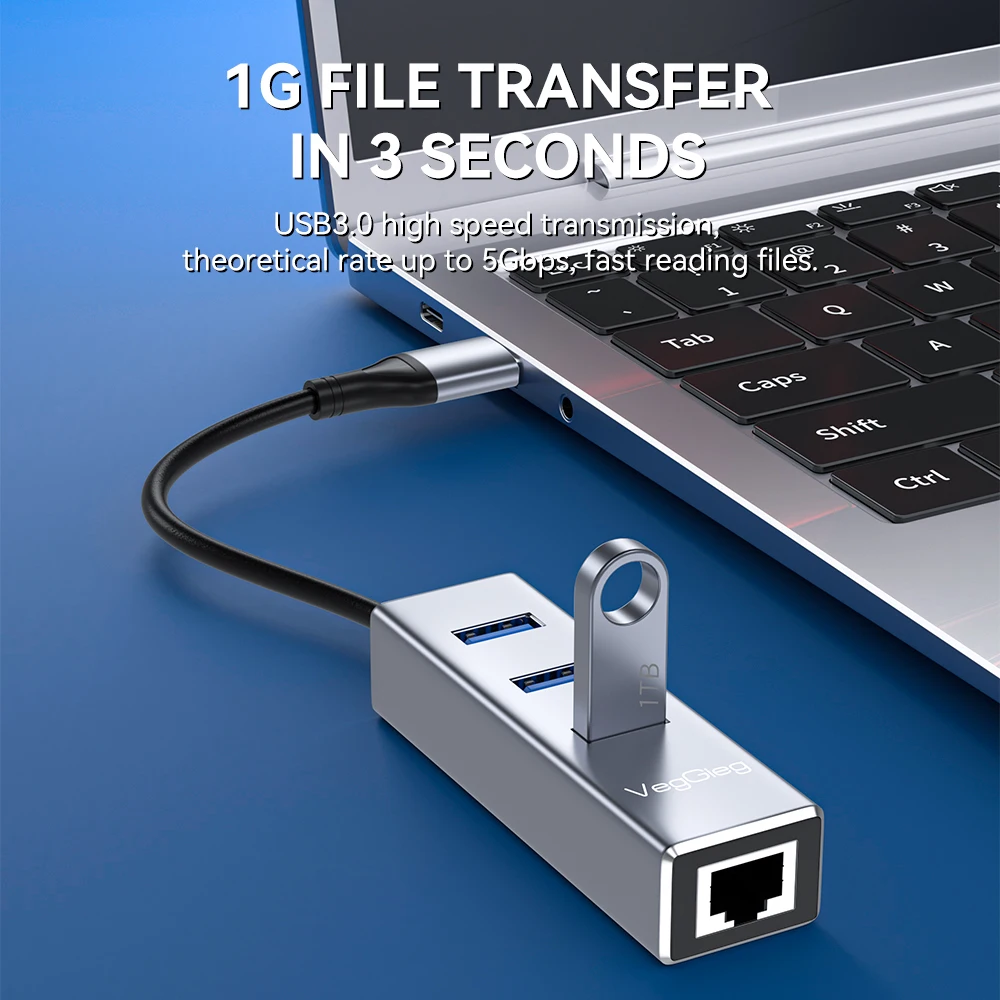 VegGieg USB C/USB 3.0-기가비트 이더넷 어댑터 1000Mbps RJ45 LAN(노트북 PC용 3포트 USB 허브 포함)