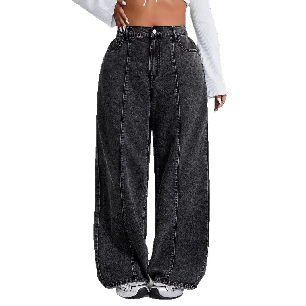 Jeans pour femmes grandes tailles, taille haute, coupe large, en denim noir déchiré, jambe droite ample, avec ourlet élastique