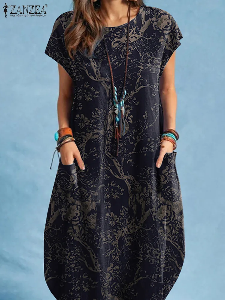 

Vintage Floral Printed Short Sleeve Knee-length Sundress ZANZEA Women Summer Dress Casual O Neck Beach Holiday Loose Vestidos