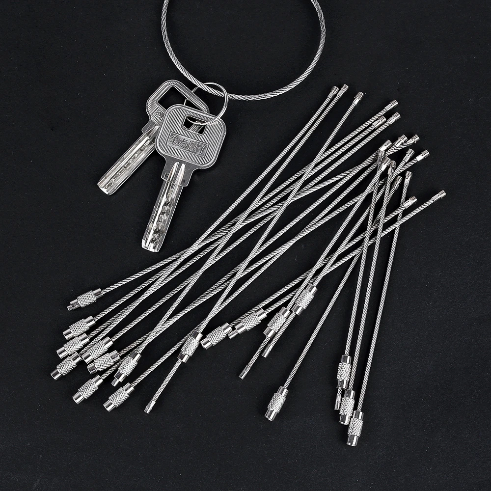 10pcs Stainless Steel Edc Keychain Tag Rope Wire Cable Loop Screw Lock