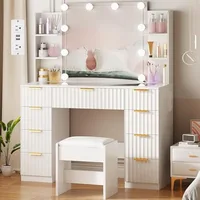 Makeup Vanity Desk with Mirror and Lights,Large Vanity with Drawers & Glass Top,Makeup Table with Power Outlet,3 Lighting Modes 1