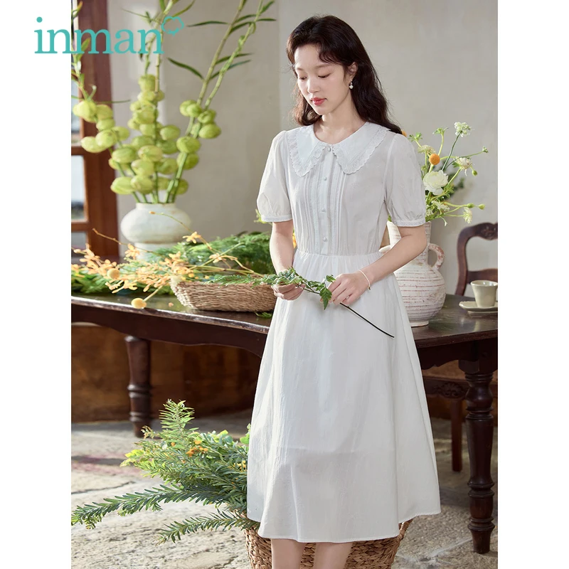 

INMAN Women Dress 2023 Summer Puff Sleeve Lace Doll Collar A-shaped Loose Pure Cotton Comfort Beautiful White Mid-length Skirt