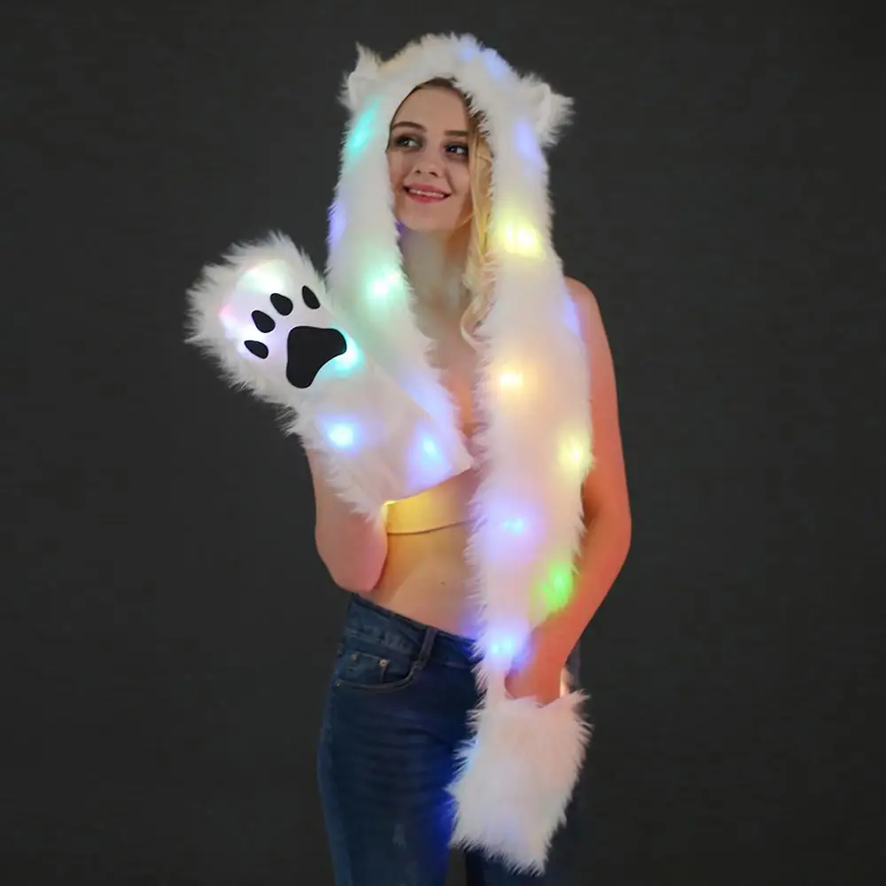 Hot Sale Women Hat Multi-color LED Scarf LED Light Up Faux Fur Animal Ears Hood With Scarf Cosplay Halloween Hats