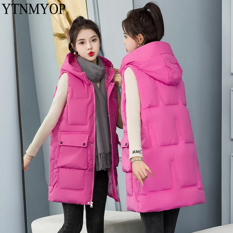 

2022 Autumn Winter Vest Women Waistcoat Female Sleeveless Vest Jacket Hooded Warm Long Gilets Colete Feminino YTNMYOP