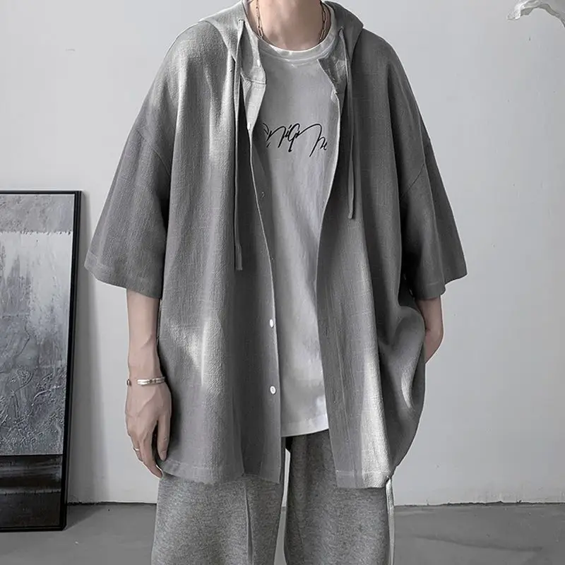 

Men's Plus Size Hooded Loose Blouse Summer New Short Sleeve Solid Color Lacing Button Shirt Tops Casual Fashion Men Clothing