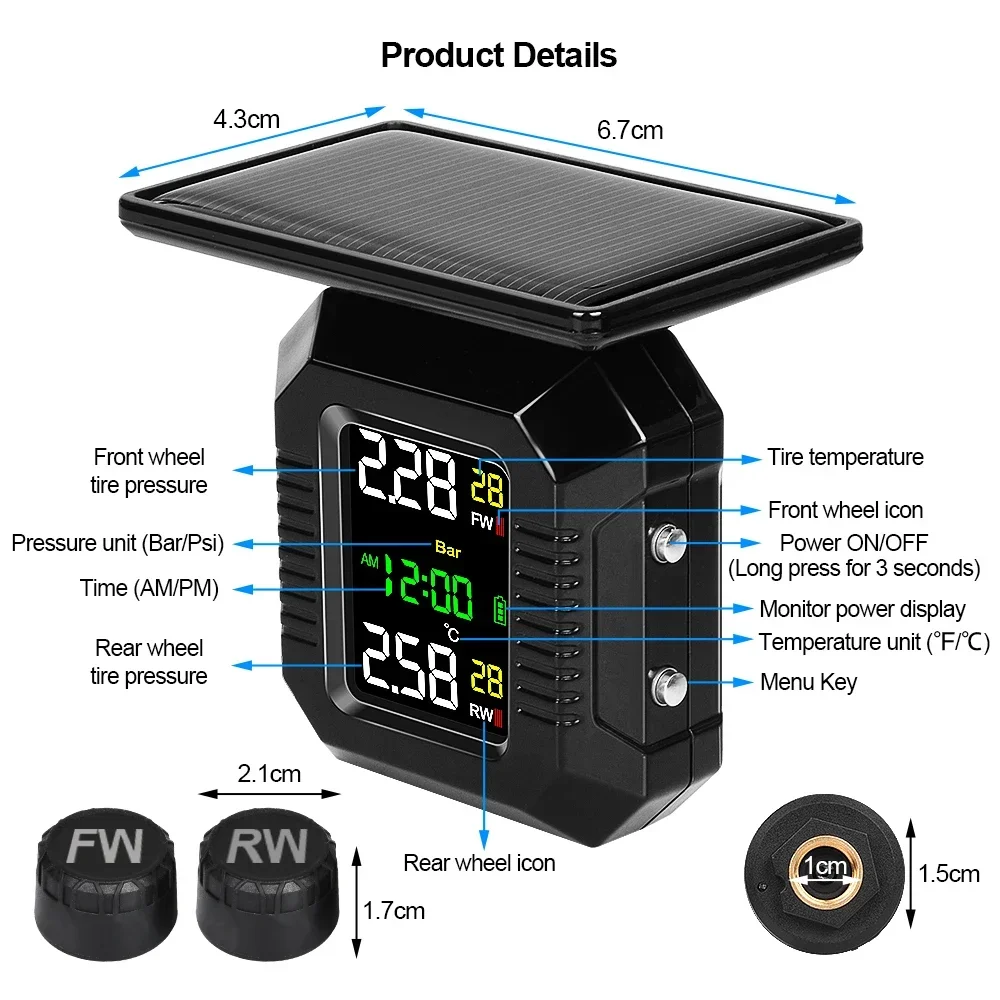 Solar TPMS Motorcycle Tire Pressure Sensors Motor TMPS Tire Pressure Monitoring System Tyre External Sensor For Moto Motorbike