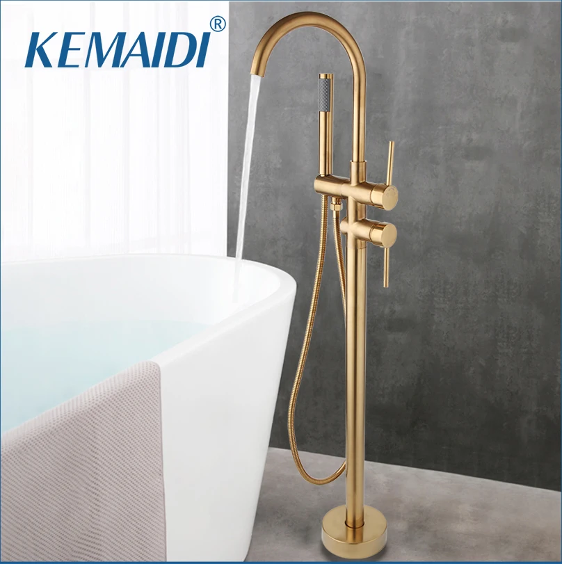 

KEMAIDI Brushed Gold Floor Mounted Bathtub Filler Shower Set Roman Tub Faucet Floor Stand Shower Systerm Round Bath Mixer Tap