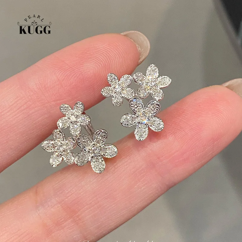 KUGG 18K White Gold Earrings Romantic Flower Design 0.60carat Real Natural Diamond Hoop Earrings for Women Engagement Jewelry