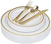 

20 Guests Disposable Plates with Cutlery Set - Gold Plastic Party Plates and Silverware for Weddings ,Plastic Dinnerware Set