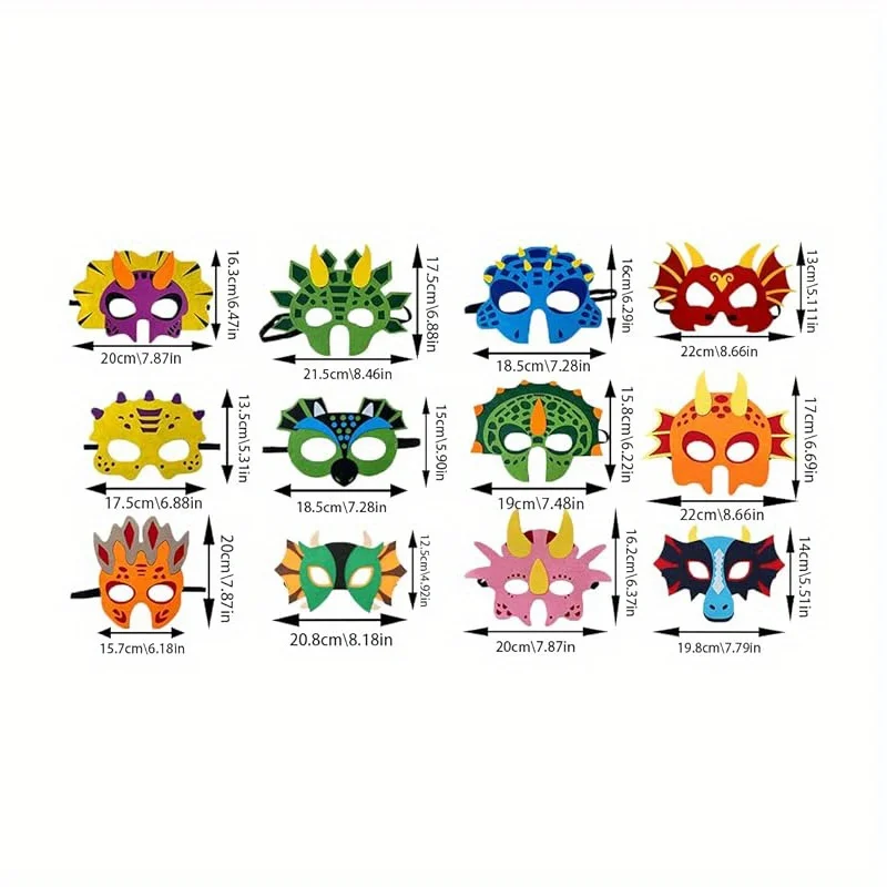 12 Pcs Dinosaur Masks Party Supplie Felt and Elastic-Dinosaur Party Decorations with Masks Different Types Great Idea