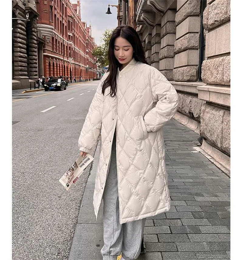 2025 Autumn Winter New Down Cotton Jacket Women's Long Over Knee Loose Jacket Diamond Grid Quilted Jacket Fake Two-Piece Parka
