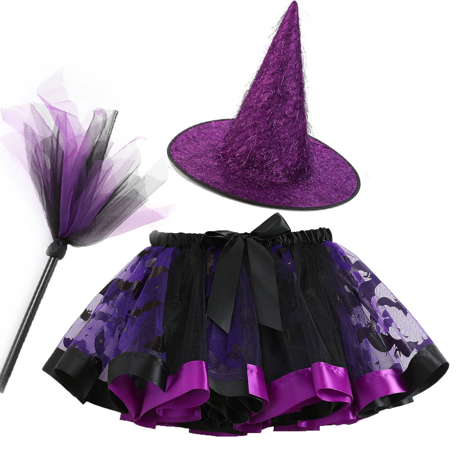 

Kids Girls Halloween Witch Costume Accessory Set Mesh Tutu Skirt Witch Hat Witch Broom for Cosplay Performance Carnival Party