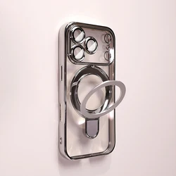 Luxury Plating Magnetic Stand Holder Phone Case with Clear Cover - iPhone 15 (Grey)