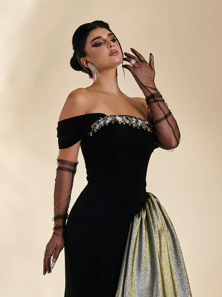 Jirocum Elegant Vintage A-Line Prom Dress Women's Off Shoulder Beaded Party Evening Gown Floor Length Special Occasion Gowns