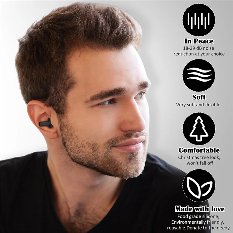 Lot de 100 bouchons d'oreille silicone réutilisables, casque antibruit pour sommeil, travail et voyage, présentés dans un sachet transparent.