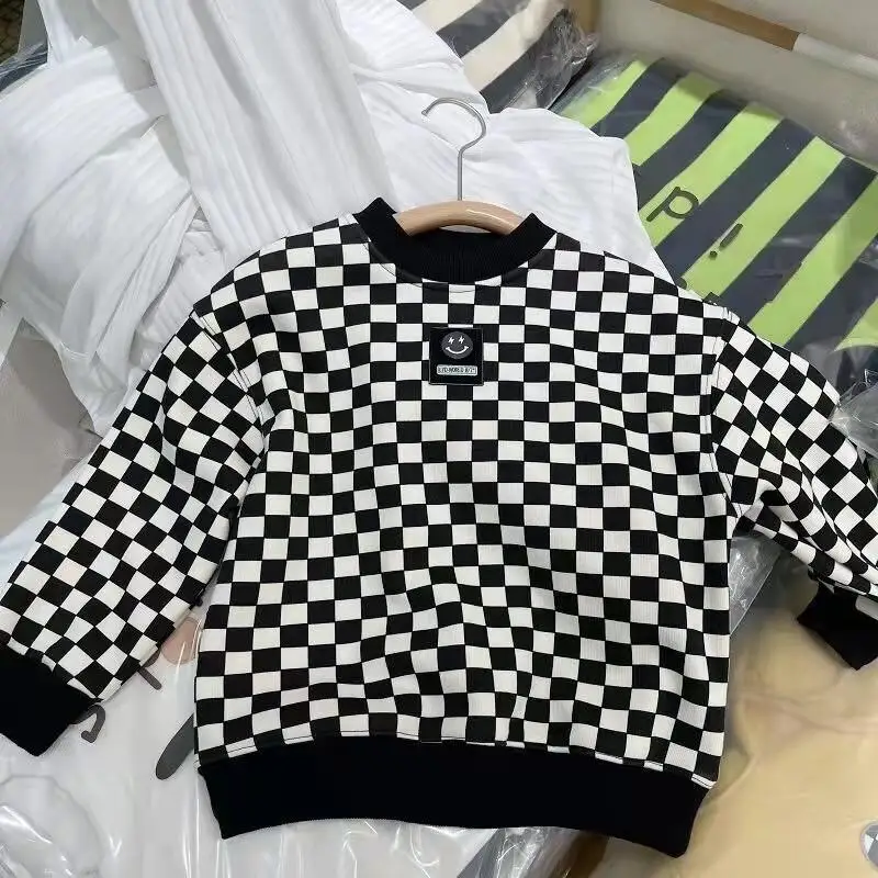Boys Checkerboard Sweatshirts O-neck Pullover Long Sleeve T-shirts Autumn Loose 5-12 Years Old kids hoodie sweatshirts