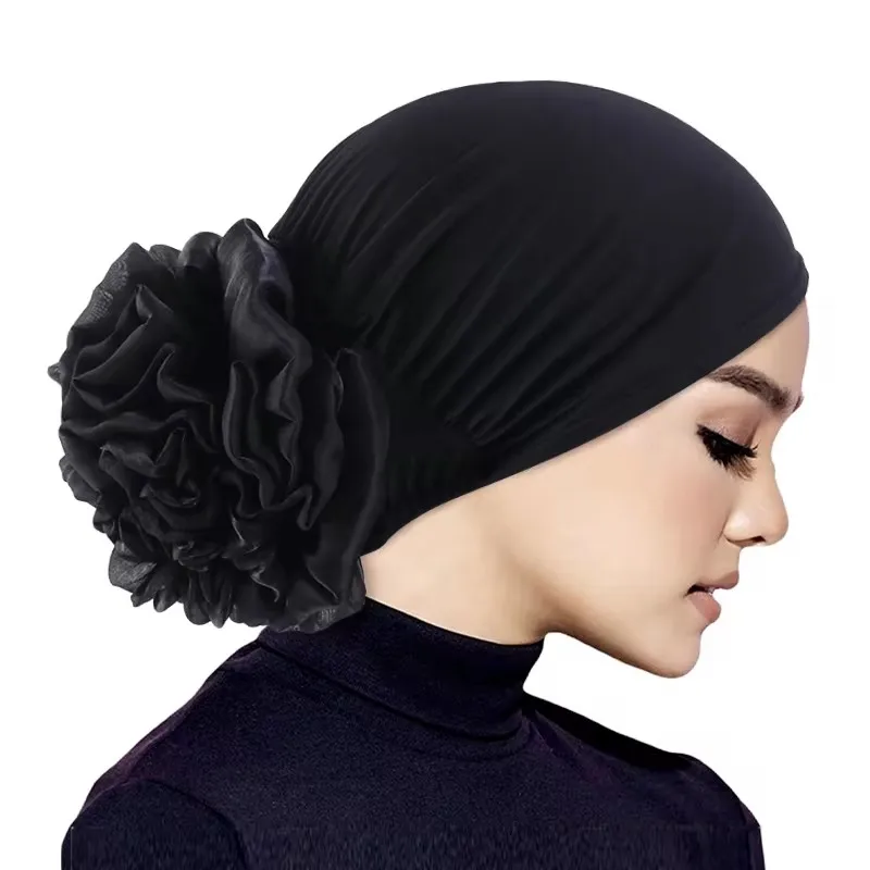 Femmes Hijabs Turban grande fleur tissu élastique bandes de cheveux chapeau bonnet dames musulman solide perte de cheveux écharpe casquette cheveux accessoires 1