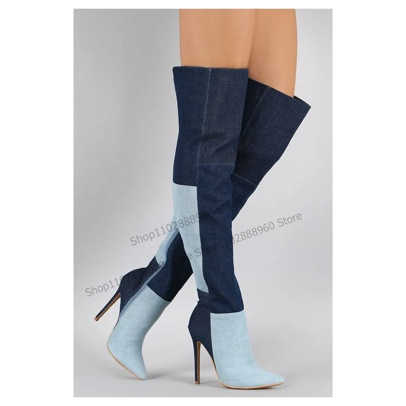 

Knee High Mixed Color Patchwork Simple Style Boots Thin High Heel Women Shoes Side Zipper Pointed Toe 2023 Zapatos Para Mujere