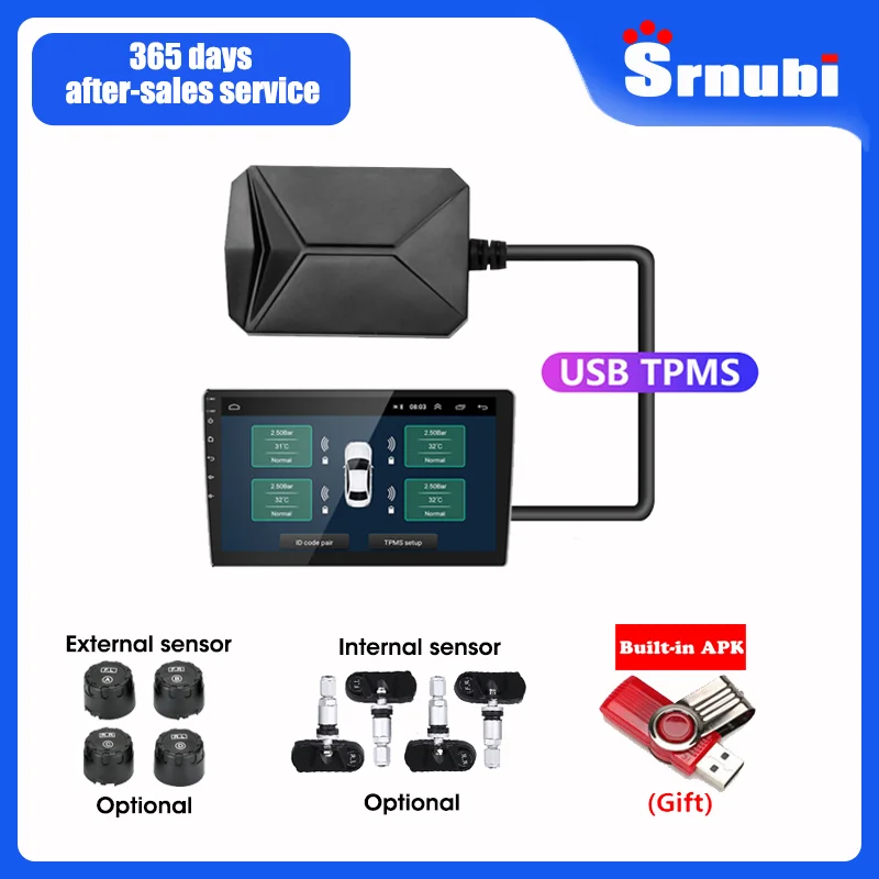 Srnubi Android TPMS for Car Radio DVD Player Tire Pressure Alarm Monitoring System Spare Tyre Internal External Sensor USB TMPS - 1