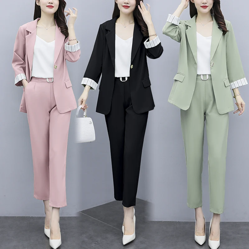 

Korean Women Business Suits 3Pcs Summer Autumn Elegant Blazer Camis Commuter Pants Sets Office Lady Female Large Size Outfit