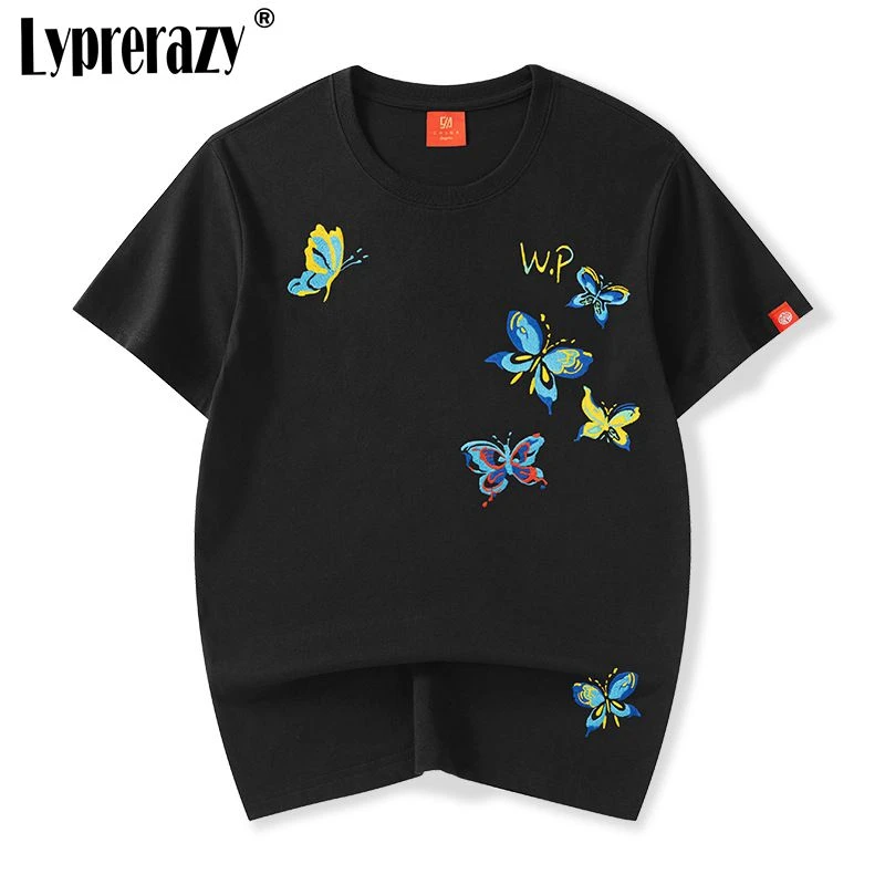 

Lyprerazy Summer National Tide Embroidery Short-sleeved Men T-shirt Summer Cotton Loose Tops Tees