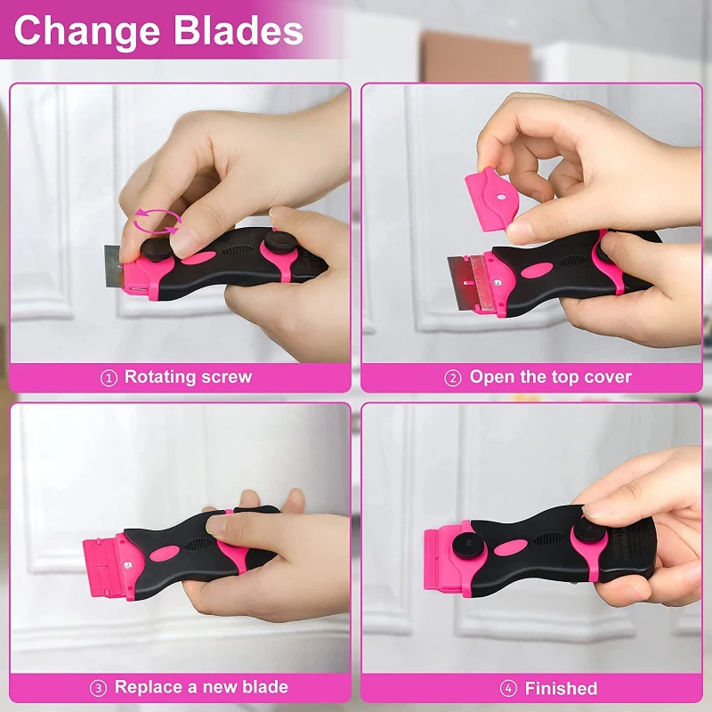 12pcs Pink Double Sided Scraper Tool With Spare Blade Wall Door Window Label Sticker Glue Residue Cleaning