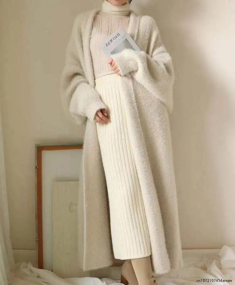 

Faux Mink Cashmere Cardigan Loose Pull Winter Clothes Women Femme Sleeve Long Coat Thickness Warm Knitted Sweater Outwear