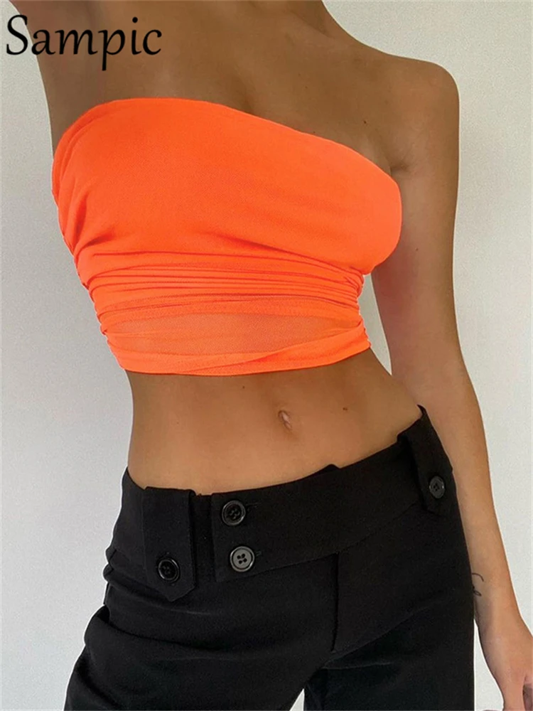 Sampic Sexy Women Orange Off Shoulder Mesh Patchwork Skinny Y2K Club Vest Crop Tops Summer Fashion Party Tank Sleeveless |