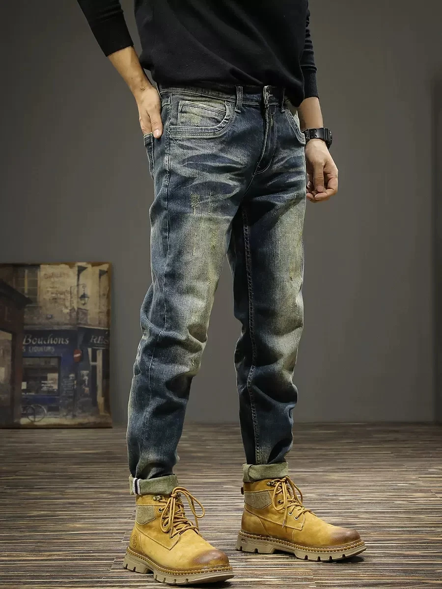 Newly Designer Fashion Men Jeans Retro Blue Stretch Slim Fit Ripped Jeans Men Elastic Trousers Vintage Casual Denim Pants Hombre