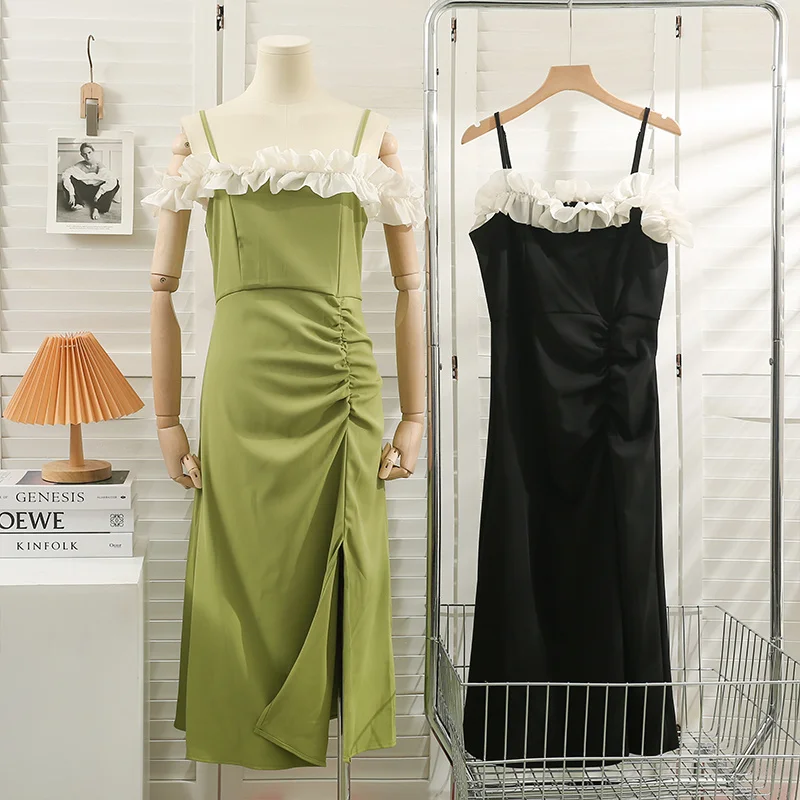 

Fashon Lace Ear Edge Spaghetti Strap Dress For Women Holiday Sexy Backless Midi Long Sling Dress Women Green Slip Dress Summer