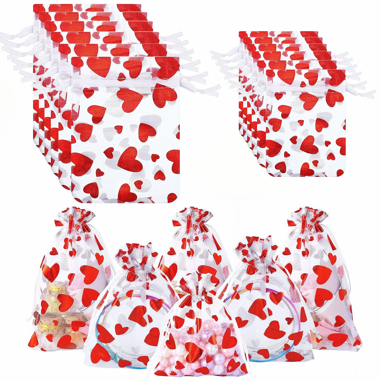 100 Sacchetti Regalo In Organza Cuori Rossi Per Bomboniere San Valentino – 8x10cm