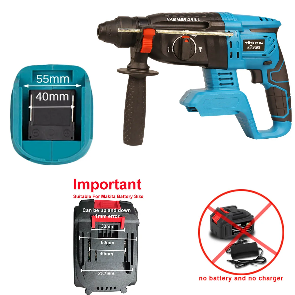 WOYOFADA Cordless Rotary Hammer Drill 18V SDS Plus Electric Hammer Drill 4 Modes Selector fit Makita 18v Battery(No Battery) 4