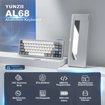 YUNZII AL68 Silver Wireless Custom Mechanical Keyboard, QMK/VIA Aluminum Keyboard, Hot Swap Gasket Gaming Keyboard with Knob 2