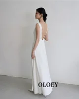 OLOEY Simple A Line Wedding Receipt Dresses Backless Scoop Neck Soft Satin Ankle Bridal Gowns Customized Formal Party Dress 2