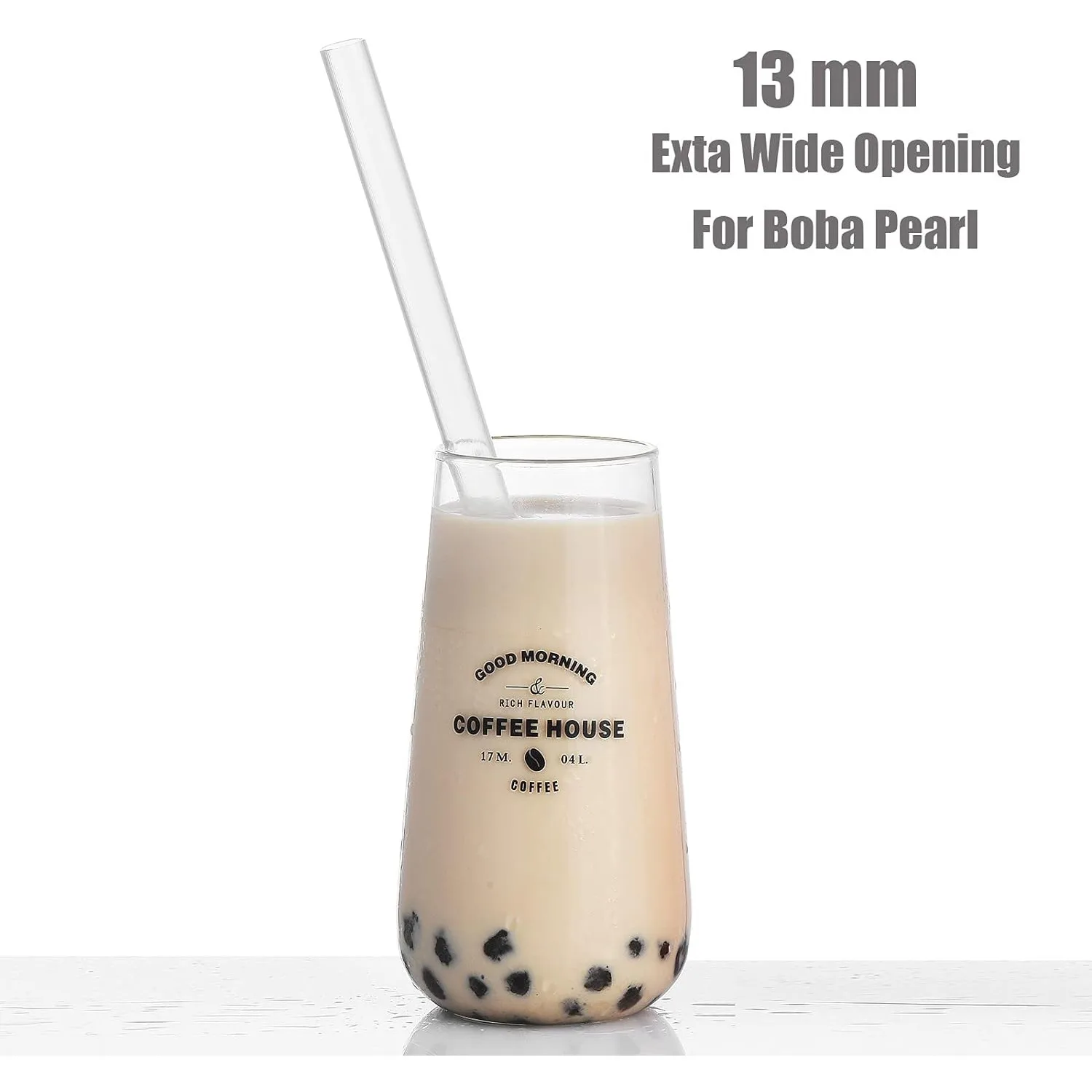 12 Reusable Clear Boba Straws, 13 mm x 10.5 in, Jumbo Hard Plastic Smoothie Straws for Bubble Tea, Popping Pearls with 2 Brush