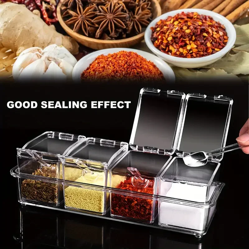 4 Spice Transparent Seasoning Box Jars Condiment Containers with Lids Sugar Pepper Acrylic Spice Storage Box Kitchen Accessories
